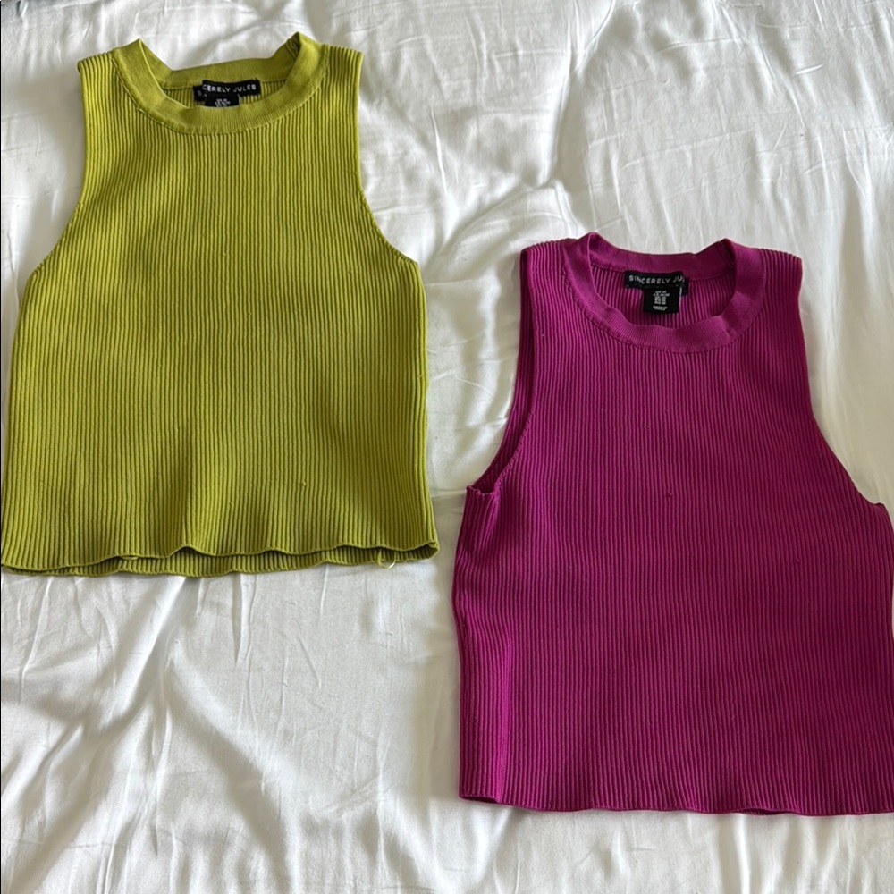 Sincerely Jules Ribbed Crop Tops - Lime and Magenta